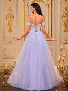 VIPGIRL 全新薰衣草色露肩亮片撞色网眼优雅收腰正式晚礼服 - 淡紫色 - 查看 2