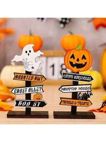 2 件 2D 扁平木质万圣节路标装饰 - 包含鬼魂、南瓜装饰，带有“HAUNTED HWY”节日文字，适用于客厅、派对装饰、万圣节氛围营造