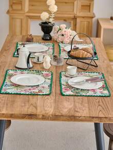1/4/6 件复古美式乡村风格花卉提花餐垫，亮绿色贝壳刺绣边缘防滑杯垫，适合日常使用、节日、生日、派对、家庭聚会、婚礼、晚宴、四季家居装饰 - 彩色 - 查看 9