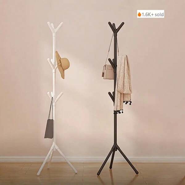 1pc Modern Tree-Shaped Coat Rack - Freestanding Floor Hanger With Sturdy Triangular Base, Durable Plastic Material, Lightweight 360° Rotating Hooks, Space-Saving Entryway, Bedroom, Living Room Home Organizer, Scandinavian Minimalist Single Rod Bedroom Clothes Rack, Easy Assembly For Home, Office, Hotel, Black/White 6/9 Hooks Available, Multi-Functional Storage, Suitable For Apartment Living
