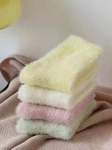 4 Pairs Solid Color Mink Plush Thick Warm Mid-Calf Socks For Women, Japanese Style Fluffy Socks For Autumn/Winter