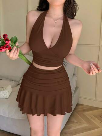 abyoxi Conjunto de dos piezas elegante y casual de top corto con escote profundo en V, drapeado lateral, espalda descubierta, cuello de halter con lazo y falda con volantes y shorts, en color rosa, para chicas jóvenes con estilo caliente, nueva ropa de mujer