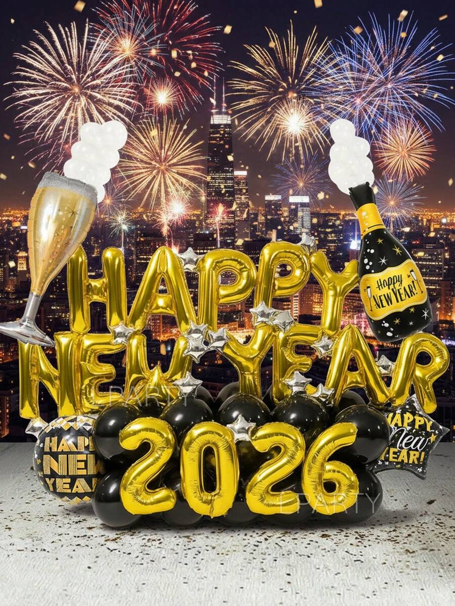 65pcs/Set HAPPY NEW YEAR 2026 Gold New Year Party Decorations, 16" Gold Letter Foil Balloon Banner, Giant Champagne Bottle & Glass Balloons, 18" Black & Gold Star/Round Celebration Balloons, 10" Black Latex Balloons, 5" Silver Star Balloons, For Christmas, New Year's Eve, New Year Celebration Decor, Room Decoration, Singles Party - 彩色 - 查看 1