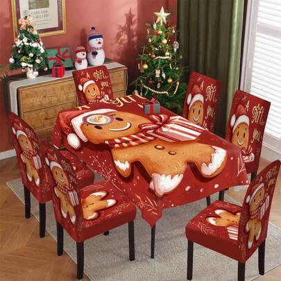 1/4/5/6/7/36件圣诞姜饼人头戴圣诞帽围巾印花椅套/椅套套装，适用于室内家居、餐厅、酒店，是现代日常装饰的理想选择。桌布适合方形餐桌，弹性椅套可水洗。