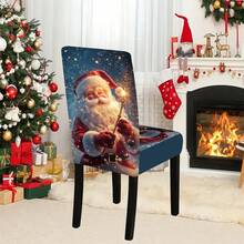 1/4/5/6/7/36pcs Christmas Santa Claus Holding Glowing Magic Wand With Snowflake & Glitter Print Chair Cover/Slipcover Set, Suitable For Indoor Home, Restaurant, Hotel, Ideal For Modern Daily Decor. Tablecloth Fits Square Dining Table, Elastic Chair Cover Is Washable. - Multicolor - View 13