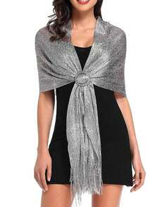 1pc Shiny Silver Wire Flat Wrap Scarf With Clasp, Suitable For Brides, Wedding, Formal Events, Graduation - Silver Gray - View 6