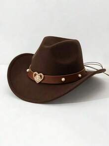1 件女士时尚纯色帽檐毡帽，饰有棕色金属心形腰带，独特的西部牛仔帽，适合户外、派对、男女通用 - 愛心珍珠一字禮帽 - 查看 11