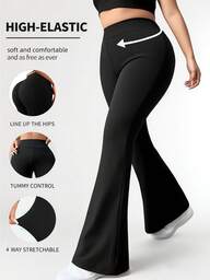 Seluar Panjang Wanita Plus Size Baharu Musim Luruh/Sejuk, Warna Polos, Pinggang Tinggi, Legging Kembang Berelastik, Lembut, Melangsingkan, Minimalis, Serbaguna, untuk Yoga, Kasual dan Sukan