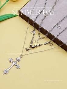 3pcs Gothic Punk Style Rhinestone Cross Star Design Necklace Set, Minimalist Star Tassel Necklace Jewelry Set For Women
