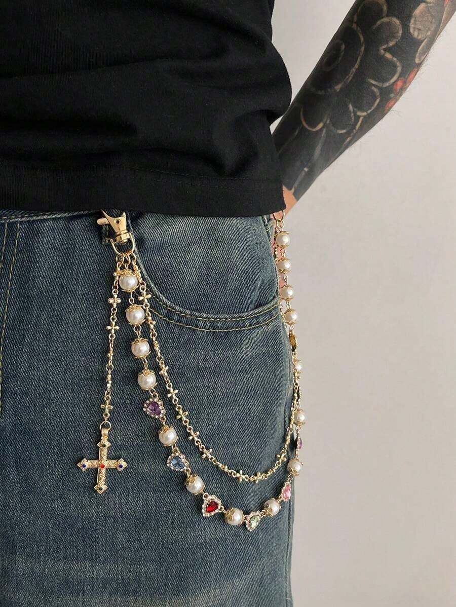 1pc Retro Luxurious Multi-Layer Rhinestone Imitatation Pearl Pants Chain, Cross Body Chain, Pants Decoration For Men - Dây chuyền quần kim cương hình trái tim - Xem 1