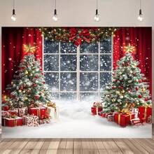 1 Piece Festive Romantic Christmas Window Scene Background, Polyester Holiday Wall Decoration, Multiple Sizes To Choose From, Christmas Party Background, Portrait Photography Props For Christmas Celebration - Multicolor - View 2