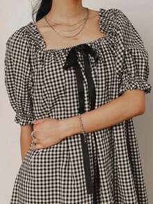 Women Summer Puff Short Sleeve Plaid Dress Square Neck Loose A Line Short Party Dress - 黑色 - 查看 3