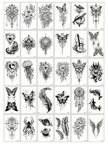 30张创意临时纹身贴纸，图案包括蝴蝶、花朵、狐狸、海豚、水母、翅膀、羽毛等，男女皆宜，逼真防水，可贴于手臂、脸部、手指、颈部或任何所需部位。 - 黑色 - 查看 8