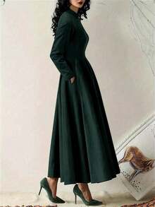 女士优雅通勤纯色荷叶边长袖连衣裙（春季款） - 綠色 - 查看 4