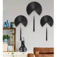 Wall Fan Decor Minimalist Black Wall Art Living Room, Decorative Metal Wall Decor Fan With Tassels Bedroom Above Bed TV, Modern Black Metal Wall Art Fan Set Of 2 - ban đầu - Xem 4