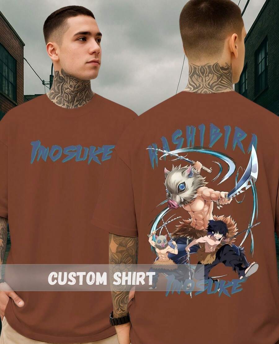 Inosuke Hashibira from Demon Slayer Kid T Shirt with Boar Mask and Dual Swords Battle Pose TS04 main image 1