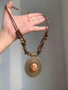 1pc Bohemian Vintage Handcrafted Asymmetrical Stone Beaded Necklace, Retro Carved Pendant Necklace, Unique Clavicle Chain For Party & Daily Wear