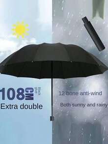Extra Large 12 Ribs Black Windproof Waterproof Folding Umbrella For Business Men's & Women's Travel, Reinforcement Umbrella For Both Rainy And Sunny Day For Windproof Travel Umbrella, Aluminum Shaft, Auto-Black, Lightweight, Strong UV Protection, Foldable, Compact, Portable, Auto Open, Rainproof, Sunshade Umbrella For Women Umbrella Rainproof Windproof