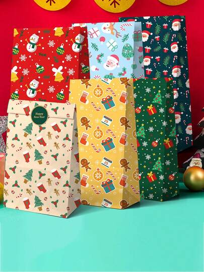 12pcs Christmas Gift Bags - Holiday Santa Claus, Christmas Tree And Snowman Patterns, Christmas Shopping Bags, Storage Bags, Tote Bags For Holiday Shopping And Party Gifts, Christmas Valentine Day