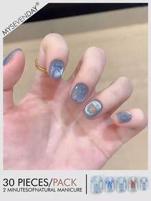 30 片按压指甲方形按压指甲短/卡通泰迪熊印花海洋蓝色按压指甲板适合辣味和甜美女孩美甲指甲板/秋季指甲贴纸丙烯酸按压指甲适合聚会、节日和日常使用 - 彩色 - 查看 2