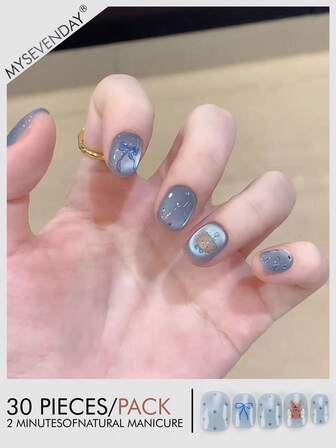 30 片按压指甲方形按压指甲短/卡通泰迪熊印花海洋蓝色按压指甲板适合辣味和甜美女孩美甲指甲板/秋季指甲贴纸丙烯酸按压指甲适合聚会、节日和日常使用