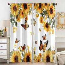 2pcs, Polyester Material, High-Definition Digital Print Sunflower And Butterfly Pattern, Filter Curtain, Suitable For Bedroom, Living Room, Office And Home Decoration, Pole Pocket Design,Curtains 84inch Long