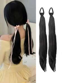 Synthetic Hair Extensions For Girls: High-Level Wavy Ponytail Set Natural-Looking (Includes Elastic Bands) Low-Pony Style Sweet And Energetic Wavy Double Ponytail Hairpiece - Multicolor - View 12
