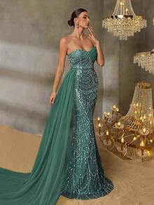 Faeriesty Đầm dạ hội lệch vai thanh lịch, thiết kế xếp ly bất đối xứng, chân váy đuôi cá tinh tế, phù hợp cho các dịp trang trọng như đám cưới. - Màu xanh lá cây đậm - Xem 6