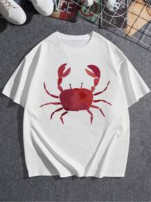 Camiseta gráfica moderna para mujer con ilustración de cangrejo divertido, cómoda camiseta de verano de mezcla de algodón, camiseta informal de manga corta con cuello redondo para un estilo diario, diseño único. - Blanco - Ver 3