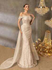 Elisanya Váy dài đuôi cá lấp lánh hở vai Haute Glamour với đuôi váy bằng vải tuyn quá khổ và dây buộc eo - Váy dạ hội Maxi thanh lịch cho các sự kiện trang trọng, lễ kỷ niệm đặc biệt và tiệc sang trọng - Màu be - Xem 4