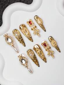 10片/套 手工杏仁形Y2K复古风美甲贴片，白色和金色金属点缀，心形、十字架、珠子设计，适合派对、婚礼、日常佩戴，包含工具包，是送给女性和女孩的绝佳礼物。手工美甲贴片 - 彩色 - 查看 2