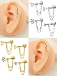 Pendientes de cadena con parte posterior plana sin rosca, barra de acero inoxidable de 8 mm para perforación de cartílago, hélix, trago, nariz, para mujeres y hombres, anillos de nariz de 16G, anillos de labio, cartílago, Medusa, fosa nasal, trago, joyería para perforaciones