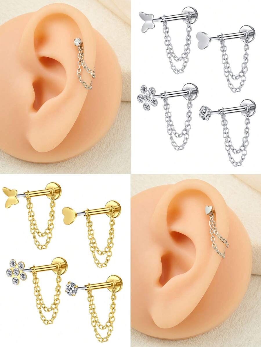 Pendientes de cadena con parte posterior plana sin rosca, barra de acero inoxidable de 8 mm para perforación de cartílago, hélix, trago, nariz, para mujeres y hombres, anillos de nariz de 16G, anillos de labio, cartílago, Medusa, fosa nasal, trago, joyería para perforaciones