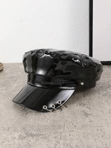 1 件女式黑色和红色闪亮皮革防水铆钉朋克风格平顶报童帽，适合派对、表演、购物和拍照