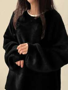 EAVA Fall/Winter Korean Style Minimalist Sweater Round Neck, Elegant Loose Fit Versatile Bell Sleeves Side Slit Pullover Knitwear For Women