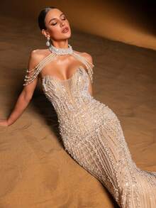 Faeriesty Haute Glamour Elegant Sparkly Mermaid Evening Gown With Sequins And Bead Accents, Delicate Pearl-Chain Straps, Sheer Tulle Fish-Tail Skirt – Perfect For Weddings, Red-Carpet Events, Evening Galas & Award Ceremonies For Women