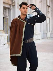 Men's Medieval Renaissance LARP Warrior Cape Shawl Half Shoulder Design Samurai Inspired Cloak Ideal For Ren Faire & Halloween Costumes - 棕色 - 查看 1