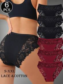 6pcs Elegant Solid Color Cotton Panty Comfy Style Lace Trim Briefs For Women