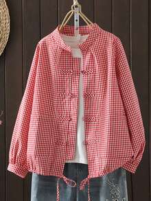 Vintage Plaid Button-Up Shirt For Women, Loose Fit, Slimming, Chinese Collar, Cardigan Style, Spring/Autumn