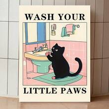 1 pieza Lava tus patitas con estampado de gato verde, lindo póster de baño, pósteres de lavado para niños en el cuarto de lavado, decoración de impresiones Kawaii, arte único de gatos, sin marco