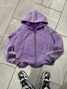 Autumn And Winter "It Is What It Is" Pattern Men's Hooded Sweatshirt Top, Slightly Elastic Fit Washed And Distressed Cotton Fleece Purple Long-Sleeved Cardigan Zipper Sweatshirt, Outdoor Daily Casual Back-To-School Season Jacket - Purple - View 3