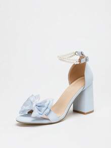 夏季时尚仿珍珠蝴蝶结新娘露趾高跟鞋，浅蓝色皮带粗跟性感圆头超高跟凉鞋，适合女士 - 淺藍色 - 查看 7