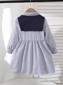 年轻女孩重返校园休闲可爱刺绣领衬衫裙配蓝色披肩，校服裙 - 藏蓝色 - 查看 2