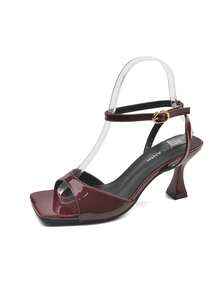 Women's Square Toe High Heel Sandals, Backless Lace-Up Peep Toe Sexy Nude Dress Heels For Summer - Burgundy - View 13