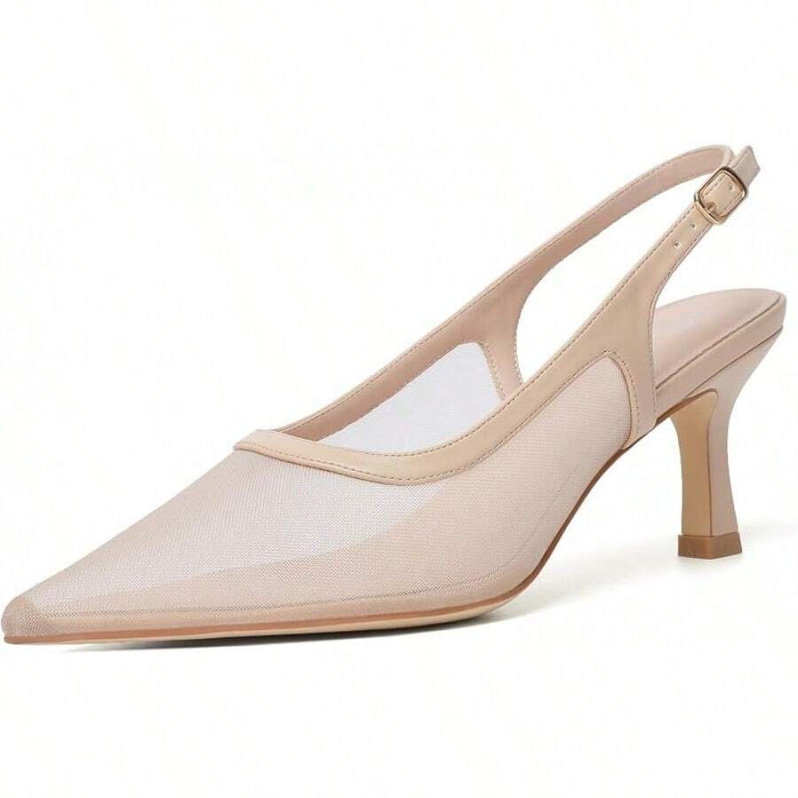 Kitten Heels Women Slingback Pointed Closed Toe Pumps Wedding, Party, Commuting, Footwear - 裸色網眼 - 查看 1