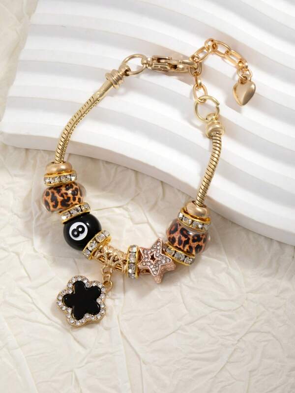 1pc Fashion Crystal Beaded Pendant Bracelet, Butterfly, 5-Petal Flower, Star, Football, Cross Pendant Charm Bracelet For Girls