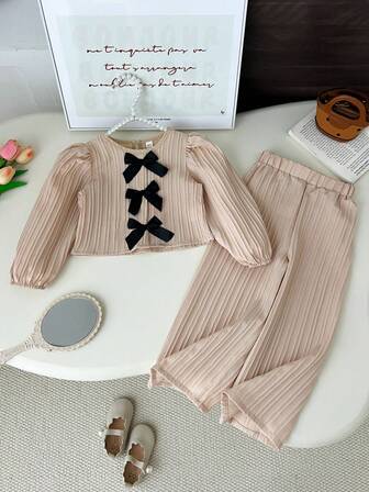 Humor Bear Set de 2 piezas de niña con jersey de cuello redondo con lazo y pantalón de pierna ancha, informal, de manga larga y ligero, para otoño