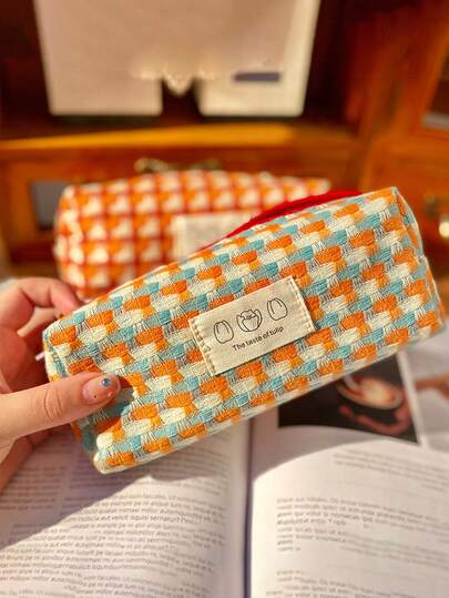 Estojo elegante xadrez para estudantes e adolescentes, estojo trançado colorido em estilo japonês/INS, bolsa minimalista de grande capacidade para guardar material escolar, ideal para estudantes, especialmente adolescentes, estudantes que apreciam o estilo japonês e estudantes que preferem um design minimalista.