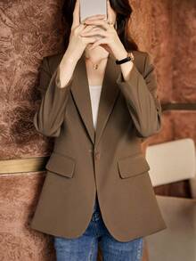 卡其色女士西装外套，韩版风格，休闲高端，2025年春秋季新品 - 咖色 - 查看 5