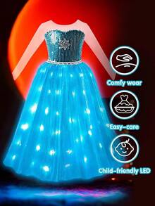 Light Up Princess Dress Girls Halloween Costume Costume Toddler Dressing Up Bithday Party, Purple - 藍色-帶斗篷 - 查看 4